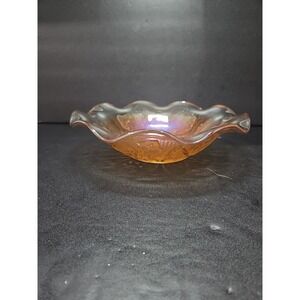 Jeanette Iris and Herringbone Bowl, Marigold Carnival Glass, 9.5" D Ruffled Bowl